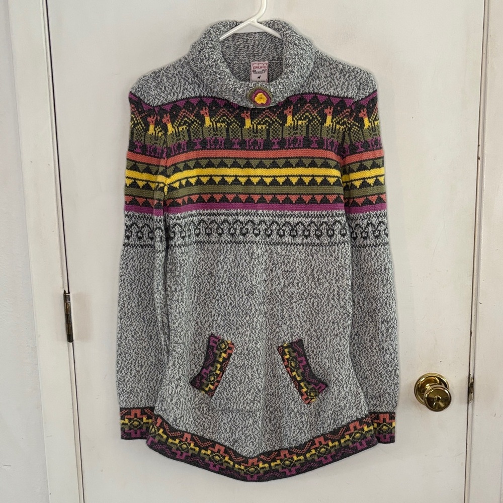Grupo Peruvian grey white turtleneck sweater alpaca design Size Small